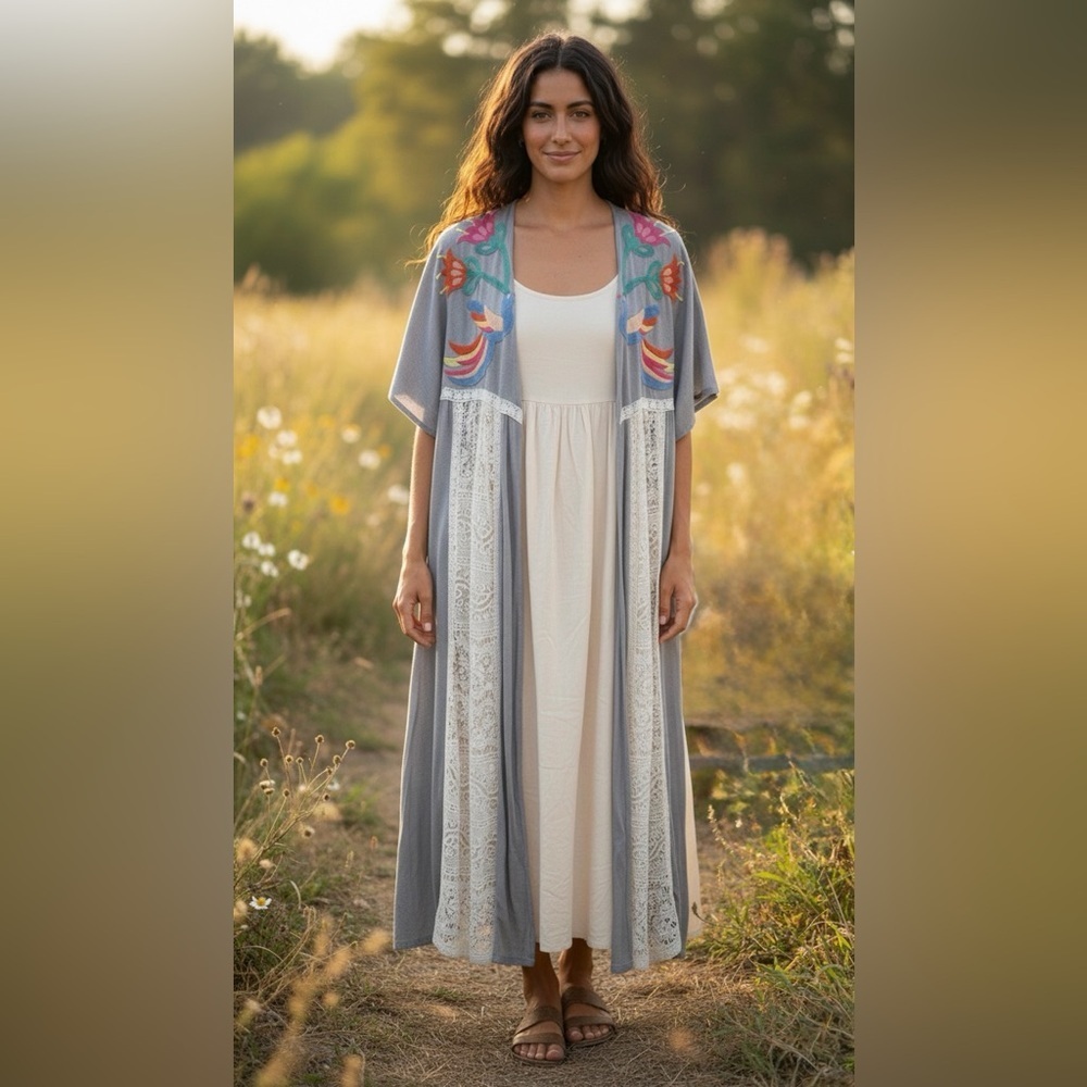 Judith March Bird Embroidered Lace Trim Maxi Duster Kimono L Grey Boho Festival - Picture 5 of 9